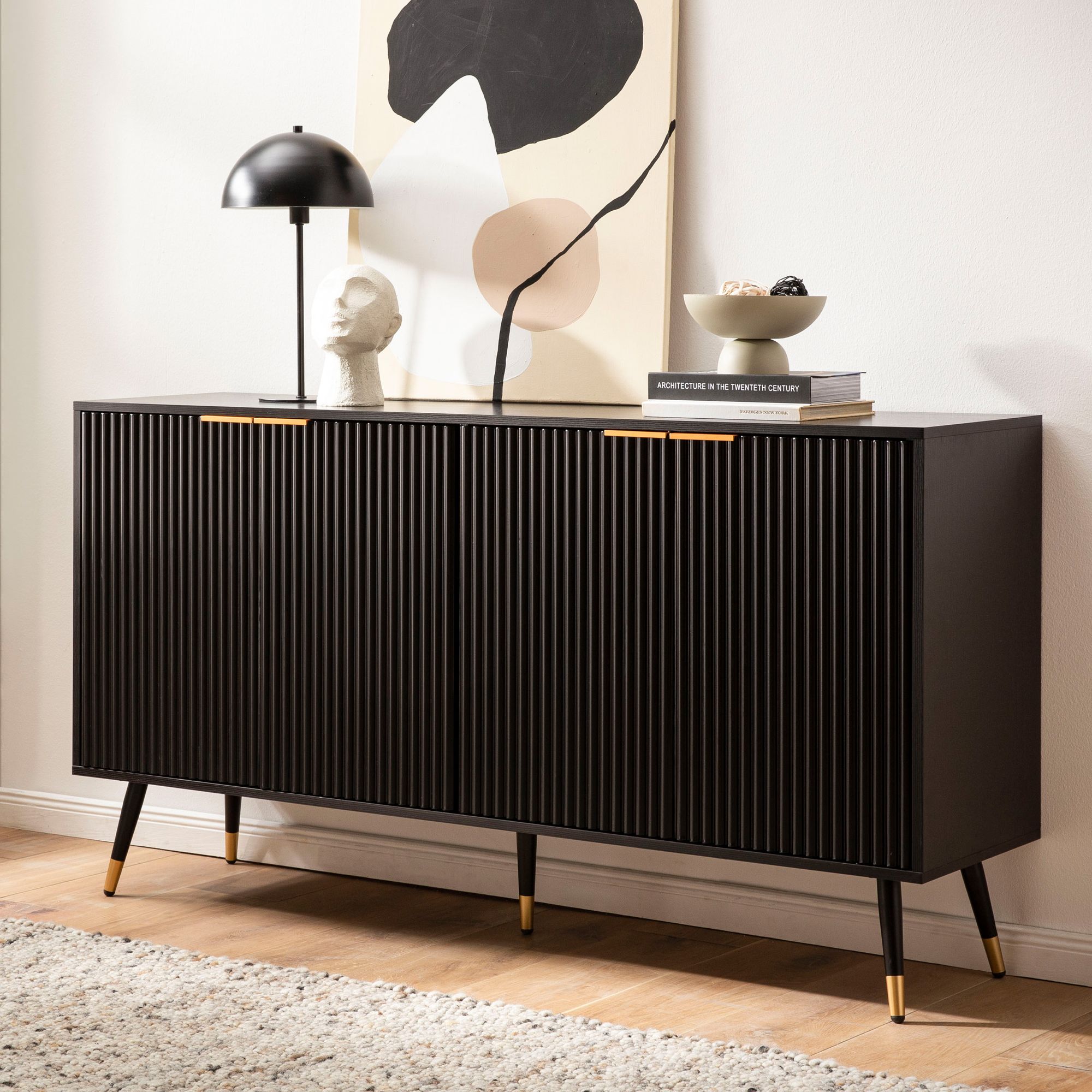 Black Sideboard with Oak Decor | 150x81x39 cm | 8 Doors & Metal Legs Black/Gold