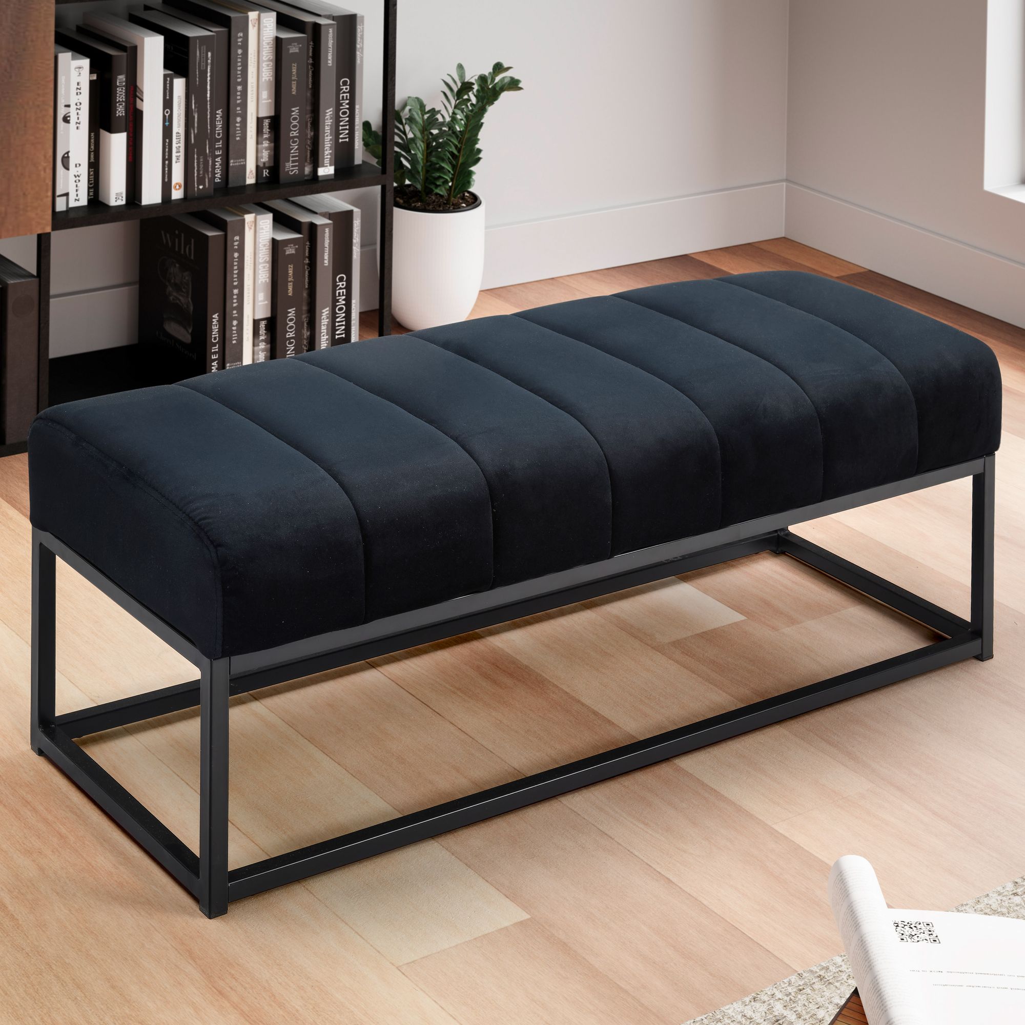 Lavica velvet čierna 108x40x40 cm lavica do predsiene čalúnená s kovovým rámom, dizajnová posteľ lavica spálňa prešívaná, lavica do predsiene šatníková lavica moderné