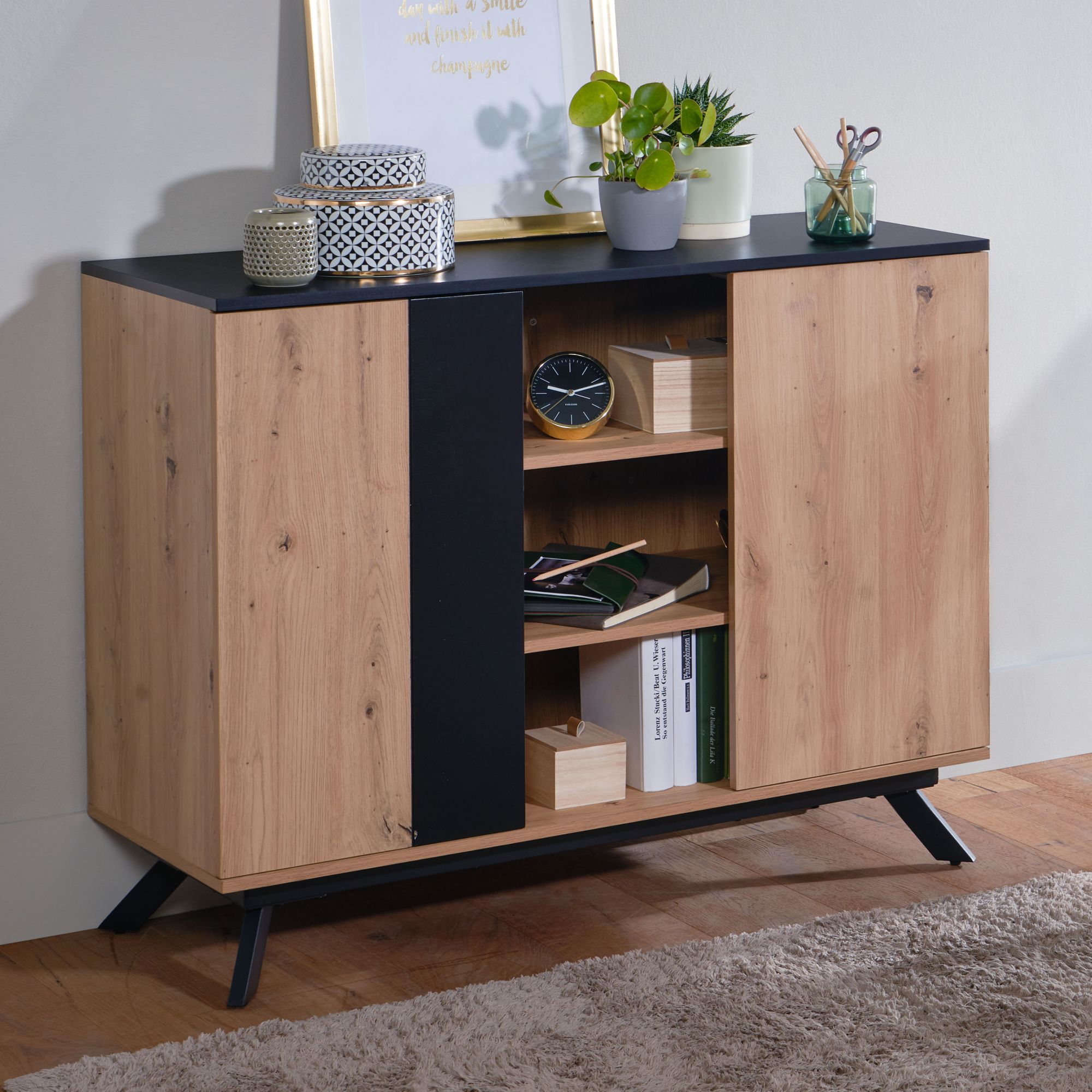 110x87x40 cm mdf príborník v dekore dub / čierna 110x87x40 cm mdf príborník v dekore dub / čierna