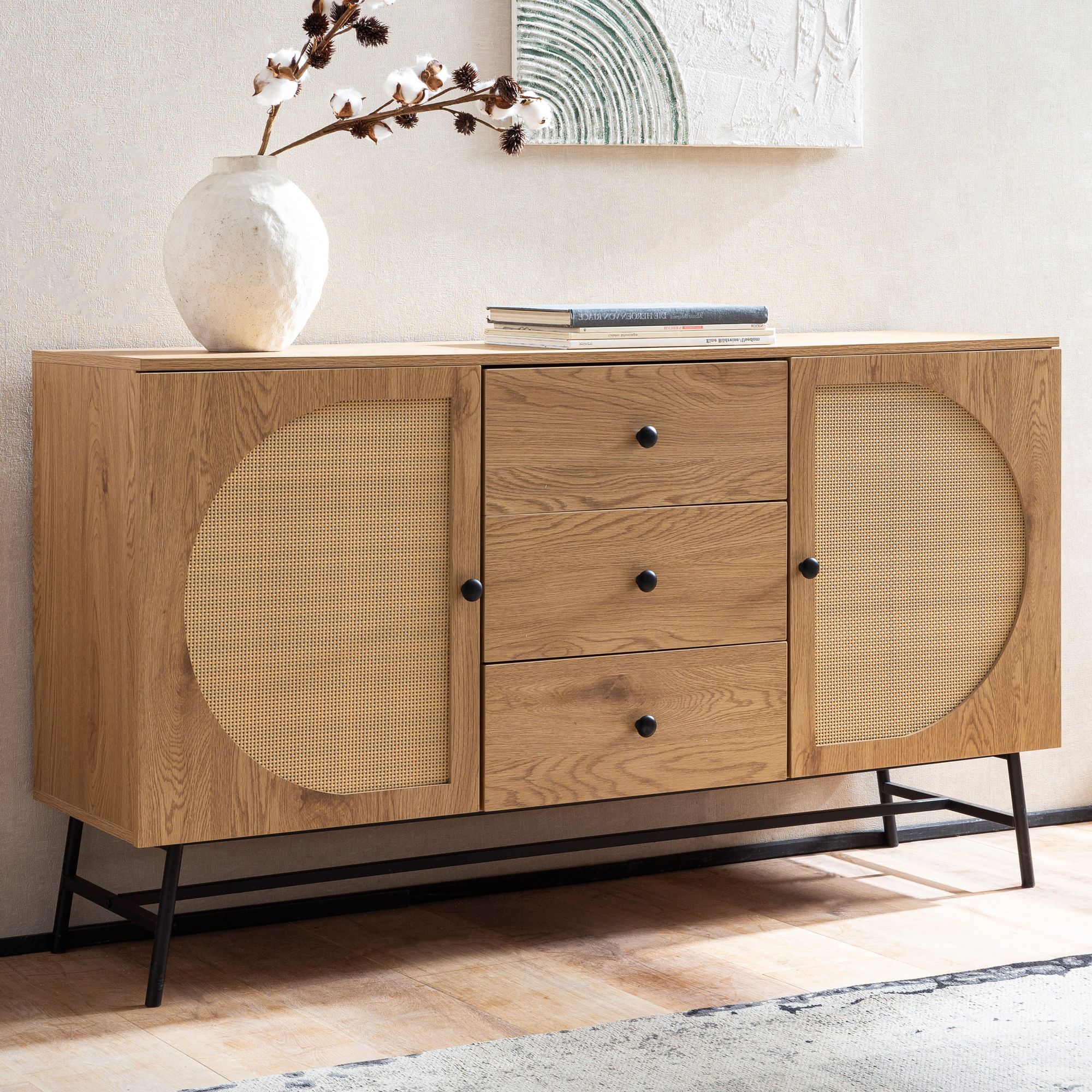 Komoda 140x80x40 cm | Hnedý dekor dub s prútikovým vzorom | Úložná skrinka s 2 dverami a 3 zásuvkami