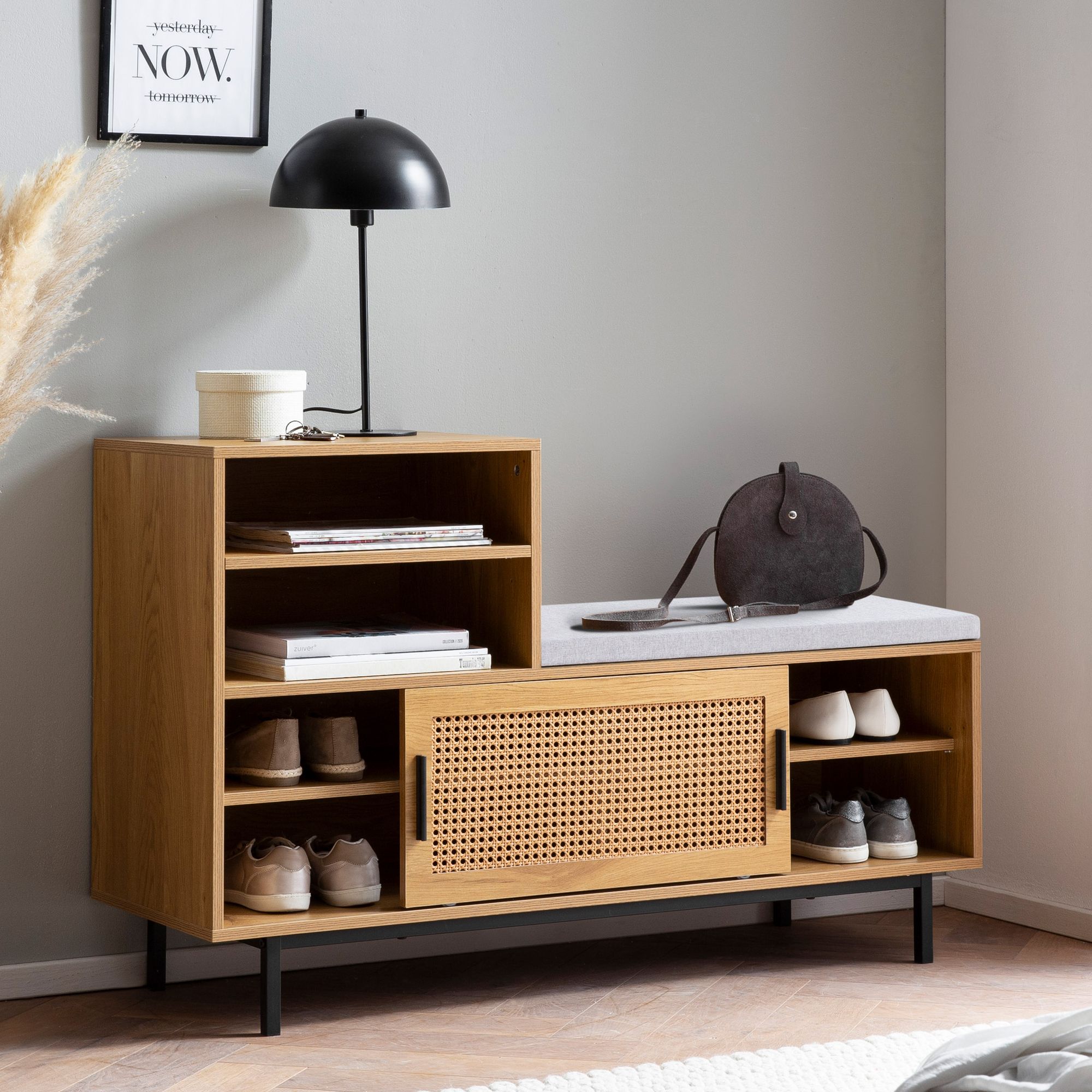 Lavička na topánky  so sedákom 120x75,5x40 cm vešiak lavica dekor dub, ratanová lavica malá čalúnená, úzka chodbová lavica s úložným priestorom, chodbová lavica viedenské prútené, chodbový nábytok s posuvnými dverami