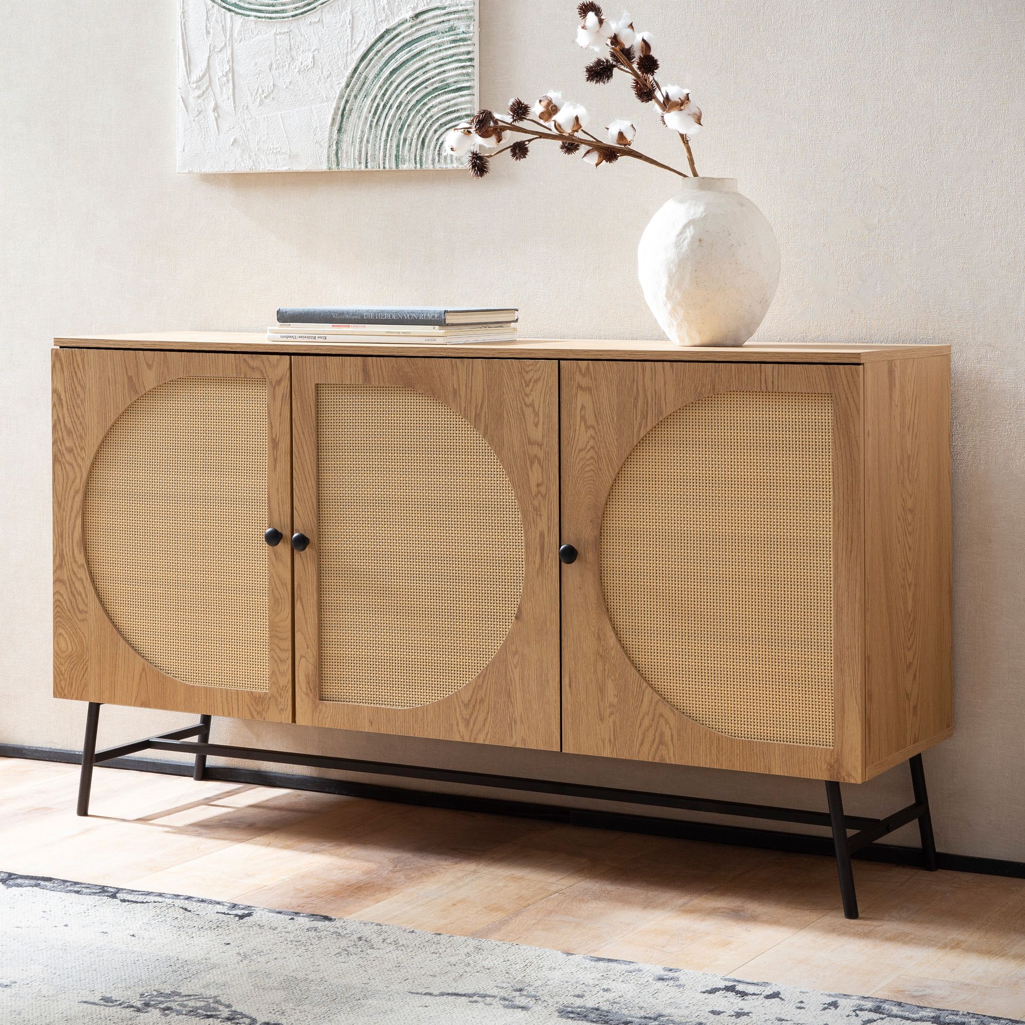 3-Door Sideboard with Rattan Weaving, Oak Decor | 140x80x39 cm