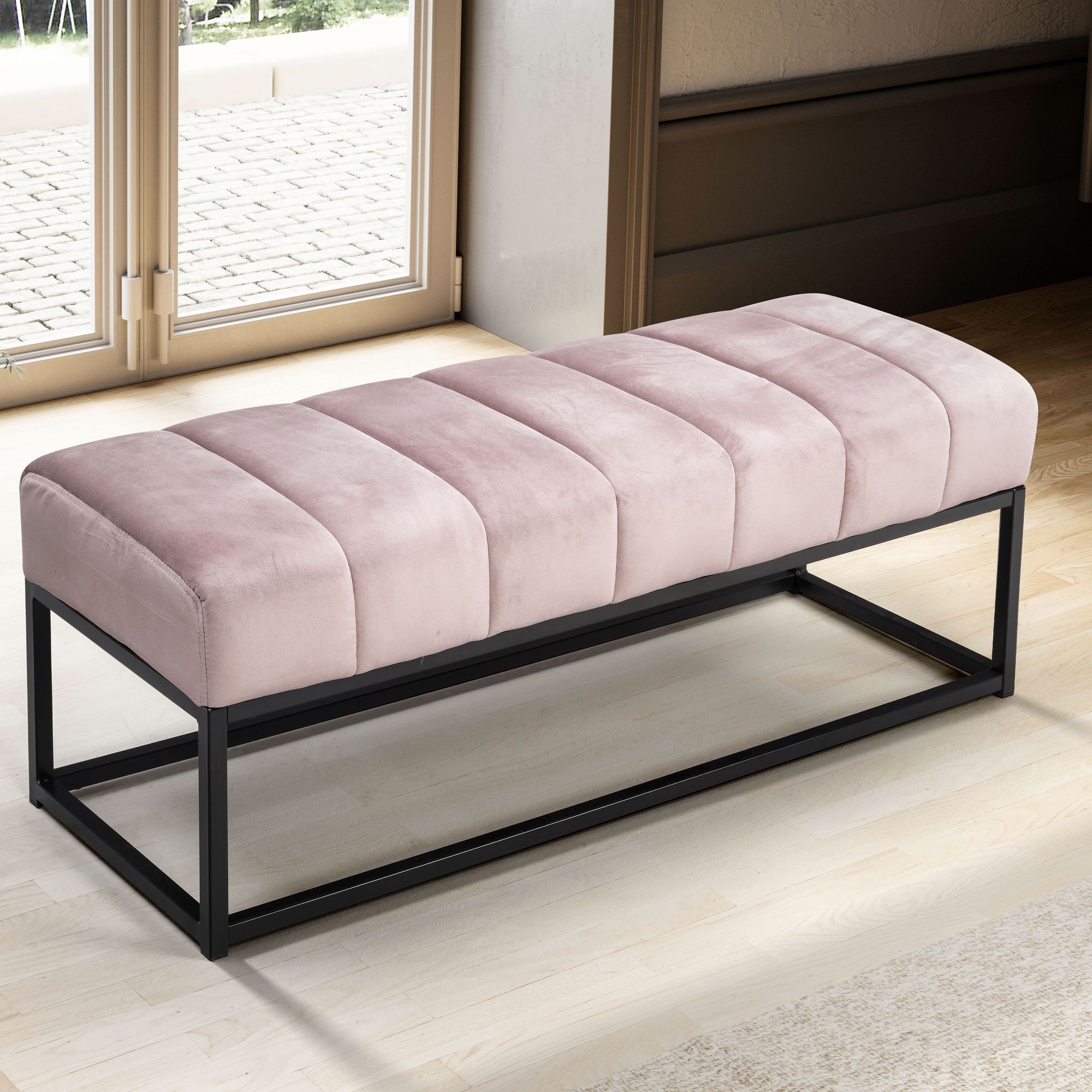 Lavica velvet ružová 108x40x40 cm lavica do predsiene čalúnená s kovovým rámom, dizajnová posteľ lavica spálňa prešívaná, predsieň lavica šatníková lavica moderné
