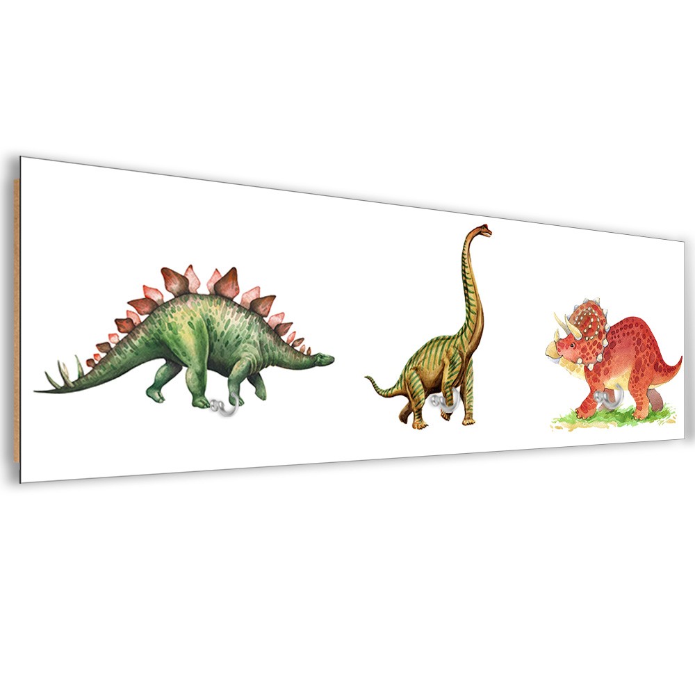 Vešiak na kabáty z hdf panelu a saténového papiera s detskou kresbou dinosaura