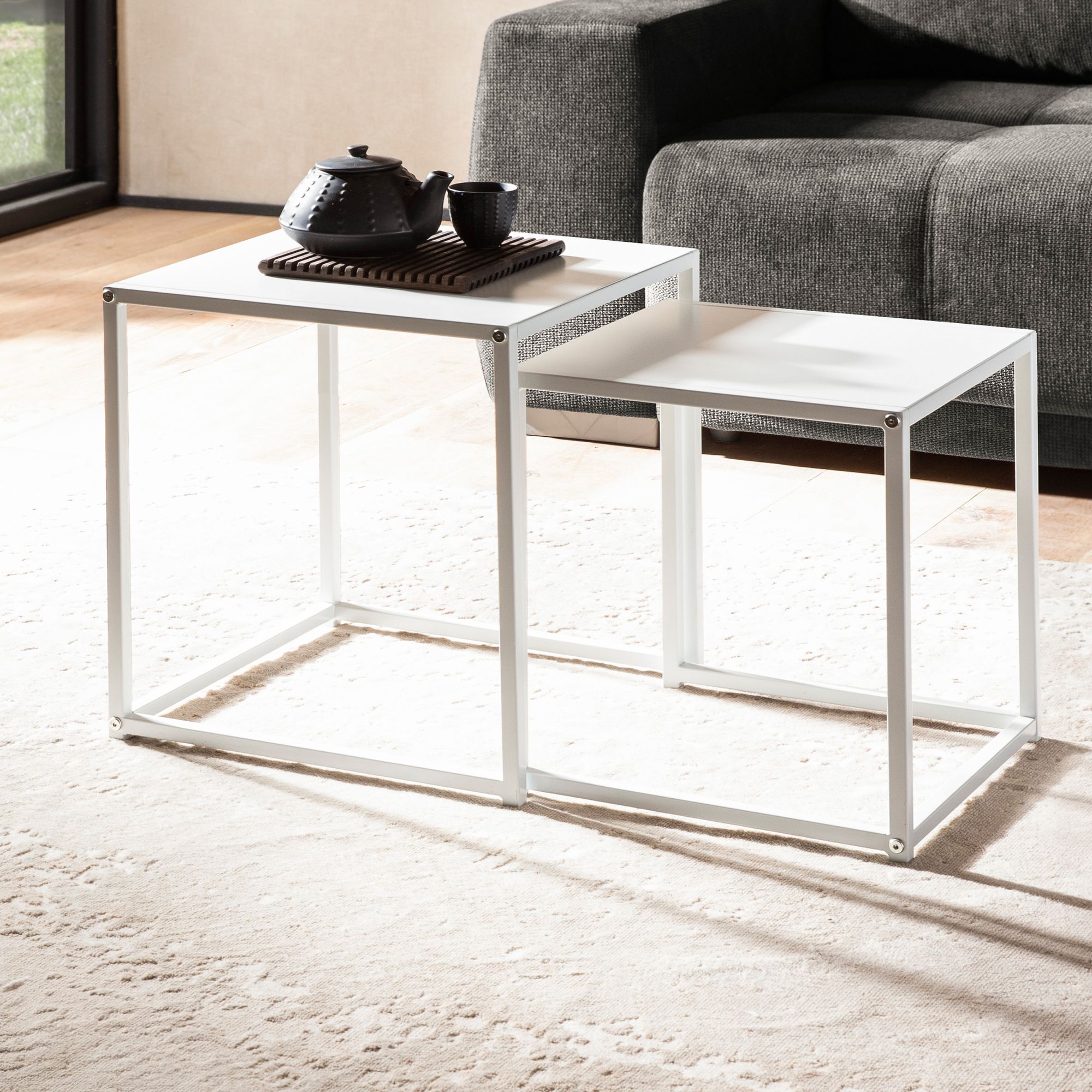2-Piece Side Table Set White Metal 40x40x45 & 35x35x40 cm | Industrial Design