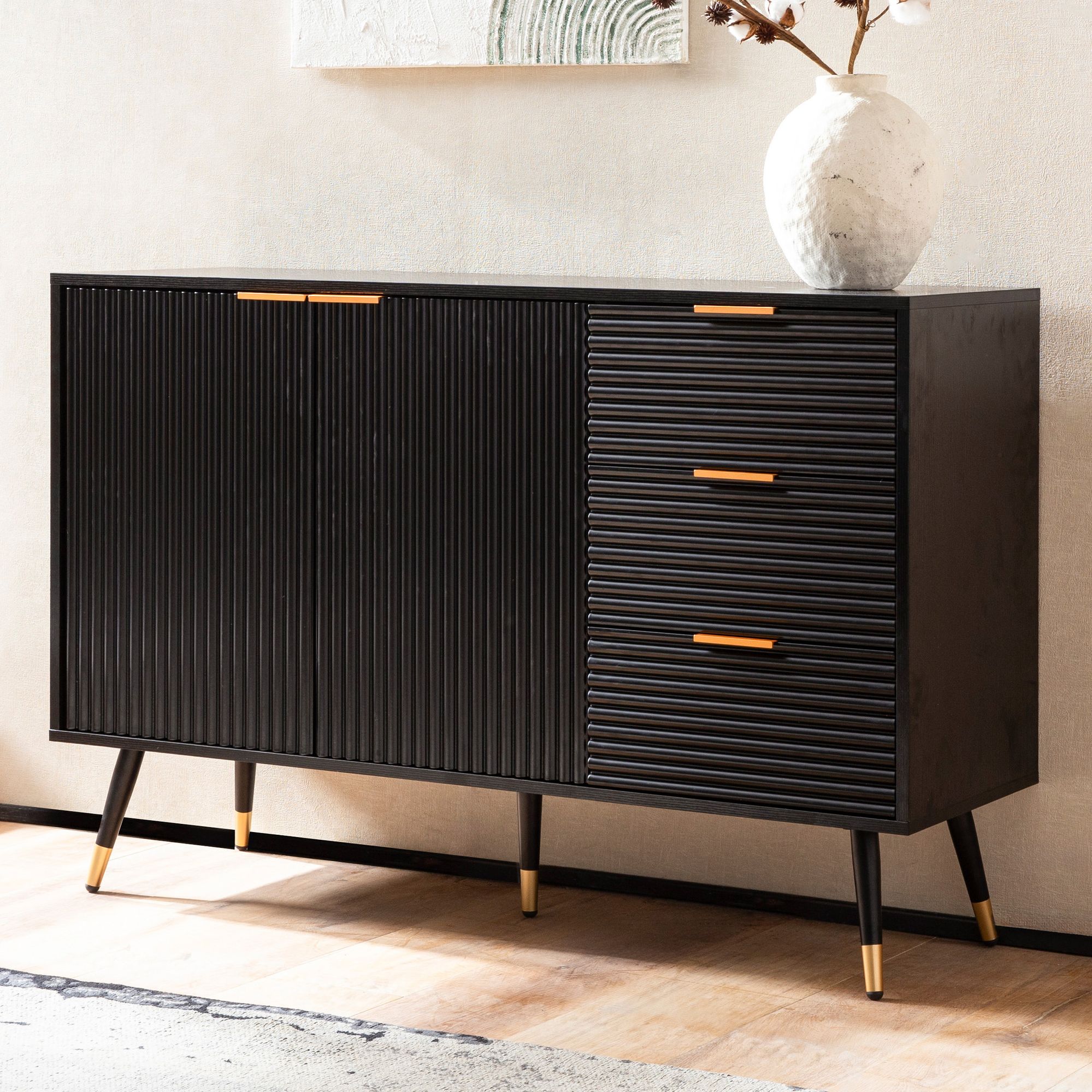 Black Sideboard with Oak Decor | 120x80x40 cm | Modern Cabinet with Doors and Drawers