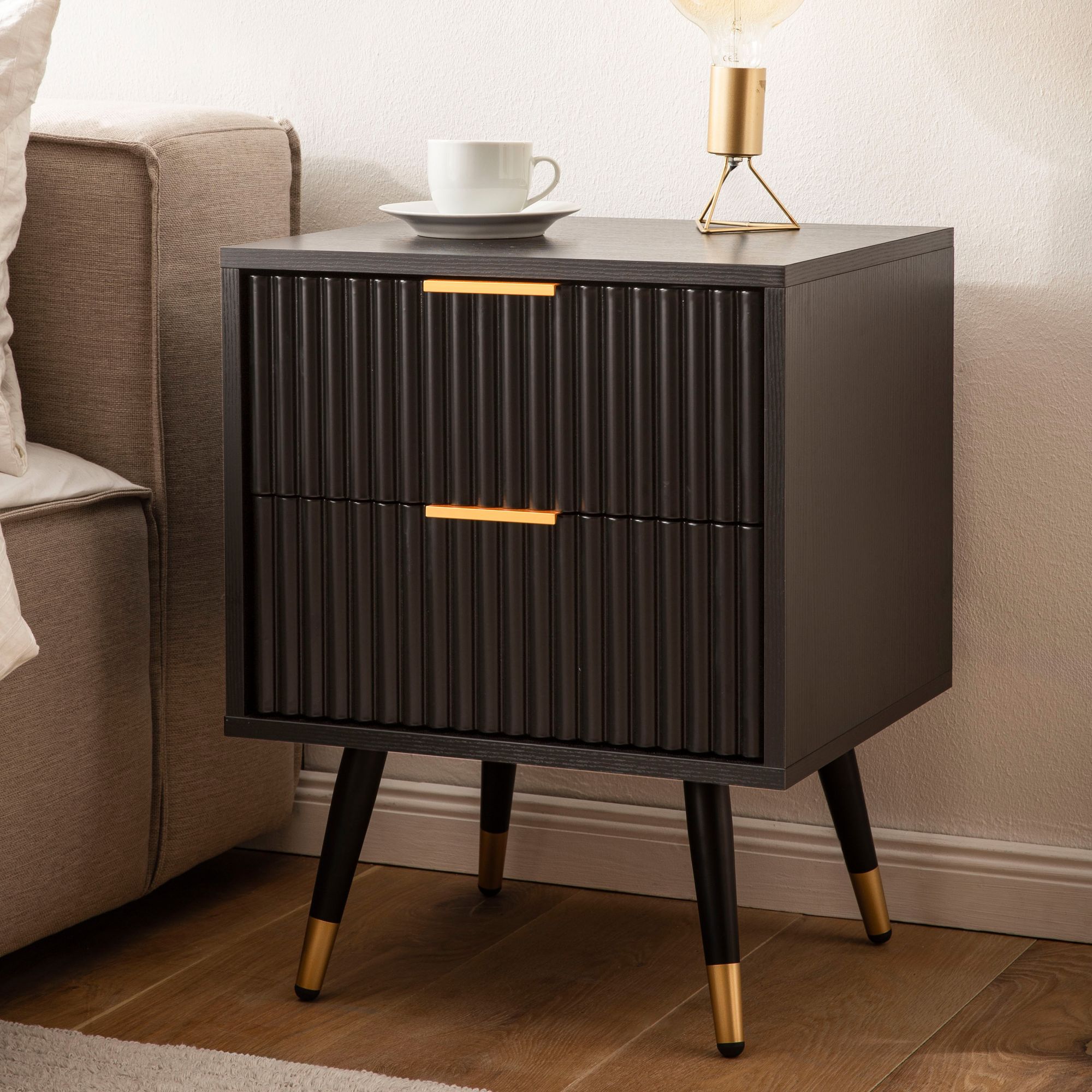 Black Nightstand with Oak Decor | 43.5x39x56 cm | Modern Bedside Table with Drawers