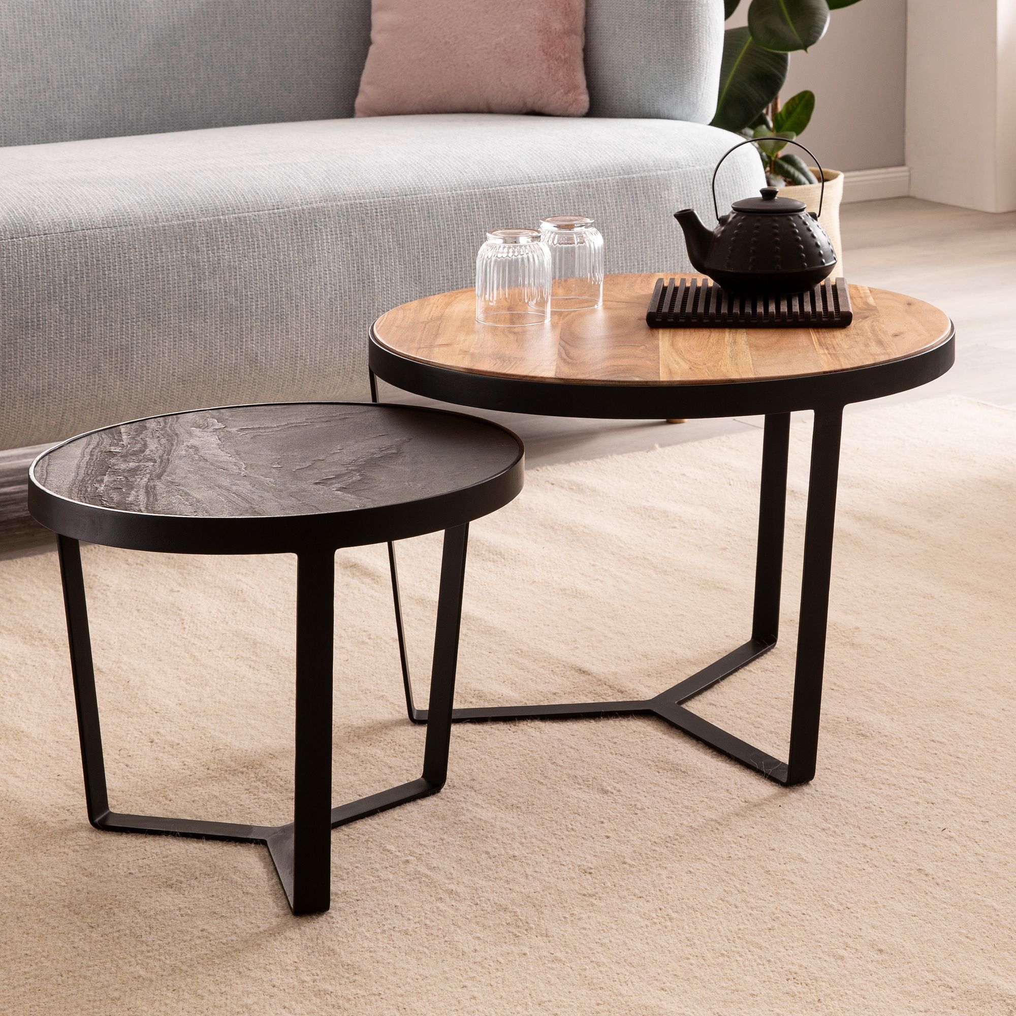 2-Piece Coffee Table Set Acacia Solid Wood / Stone Effect Brown & Anthracite | 60x60x40 cm & 44x44x35 cm